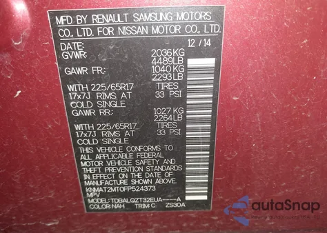 2015 Nissan Rogue Sv z USA, uszkodzony, nr VIN KNMAT2MT0FP524373